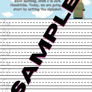 K&ouml;nnte beinhalten: Ein Arbeitsblatt zum Erlernen des Alphabets. Das Arbeitsblatt hat f&uuml;r jeden Buchstaben eine gepunktete Linie, beginnend mit dem Buchstaben A und endend mit dem Buchstaben G. Das Arbeitsblatt hat den Text "Going to Kindergarten with G" oben und "Good morning, kids! I'm Mrs. Hendricks. Today, we are going start by writing the alphabet." unter dem Titel.