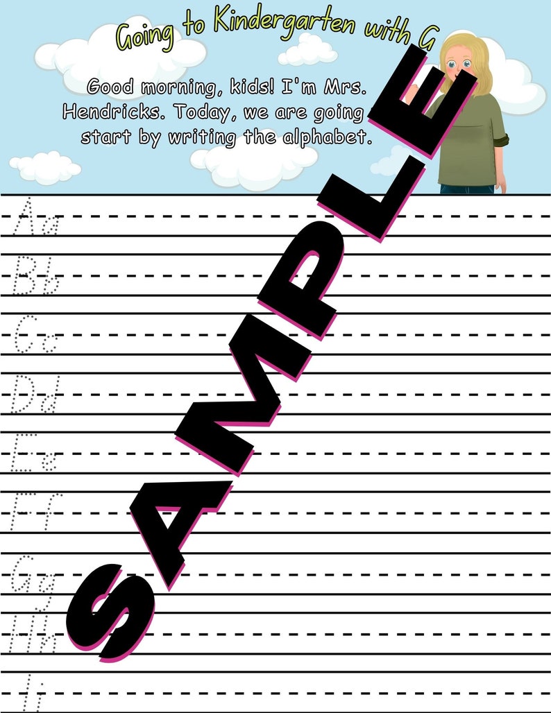 K&ouml;nnte beinhalten: Ein Arbeitsblatt zum Erlernen des Alphabets. Das Arbeitsblatt hat f&uuml;r jeden Buchstaben eine gepunktete Linie, beginnend mit dem Buchstaben A und endend mit dem Buchstaben G. Das Arbeitsblatt hat den Text "Going to Kindergarten with G" oben und "Good morning, kids! I'm Mrs. Hendricks. Today, we are going start by writing the alphabet." unter dem Titel.