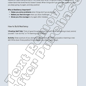 May include: Black and white worksheet with the title "Building Resiliency: You Can Bounce Back! Kids K-5th". The worksheet explains what resiliency is and how to build it. It includes a drawing activity.