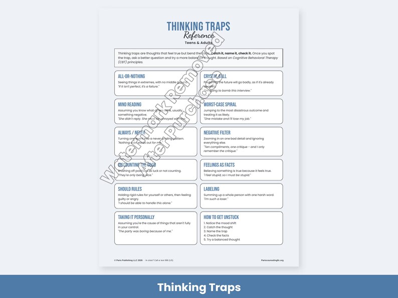 CBT Worksheets for Adults and Teens, Thought Record, Thinking Traps, Cognitive Distortions, Therapy Handouts image 6