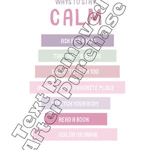 May include: A printable poster with a pink and purple color scheme. The poster lists ways to stay calm, including asking for a hug, taking deep breaths, counting to 100, imagining your favorite place, stretching your body, reading a book, and coloring or drawing.