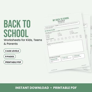 May include: A set of printable worksheets titled MY BACK TO SCHOOL Worksheet for kids ages 6-10. The document includes sections for first-day feelings, a drawing area, and brave words. The text is in green and black on white paper.