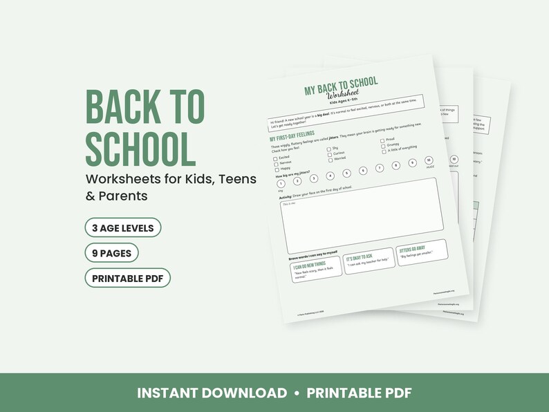 May include: A set of printable worksheets titled MY BACK TO SCHOOL Worksheet for kids ages 6-10. The document includes sections for first-day feelings, a drawing area, and brave words. The text is in green and black on white paper.