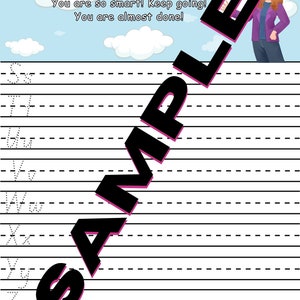 K&ouml;nnte beinhalten: Ein ausdruckbares Arbeitsblatt mit einem blauen Himmelhintergrund und wei&szlig;en Wolken. Das Arbeitsblatt hat einen Titel, der "Going to Kindergarten with G" lautet. Das Arbeitsblatt hat eine Zeile f&uuml;r jeden Buchstaben des Alphabets, beginnend mit dem Buchstaben "S" und endend mit dem Buchstaben "Z". Auf der rechten Seite der Seite befindet sich ein Cartoon-Bild einer Frau mit Brille und einer lila Jacke. Der Text "You are so smart! Keep going! You are almost done!" steht oben auf der Seite.