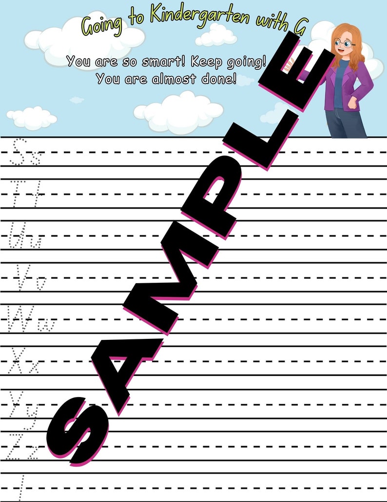K&ouml;nnte beinhalten: Ein ausdruckbares Arbeitsblatt mit einem blauen Himmelhintergrund und wei&szlig;en Wolken. Das Arbeitsblatt hat einen Titel, der "Going to Kindergarten with G" lautet. Das Arbeitsblatt hat eine Zeile f&uuml;r jeden Buchstaben des Alphabets, beginnend mit dem Buchstaben "S" und endend mit dem Buchstaben "Z". Auf der rechten Seite der Seite befindet sich ein Cartoon-Bild einer Frau mit Brille und einer lila Jacke. Der Text "You are so smart! Keep going! You are almost done!" steht oben auf der Seite.