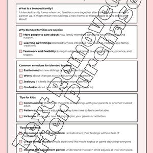 May include: A white informational handout titled Understanding and Thriving in a Blended Family (Kids) with black text organized into sections including definitions, common emotions, and tips for children and parents, dated 2024.