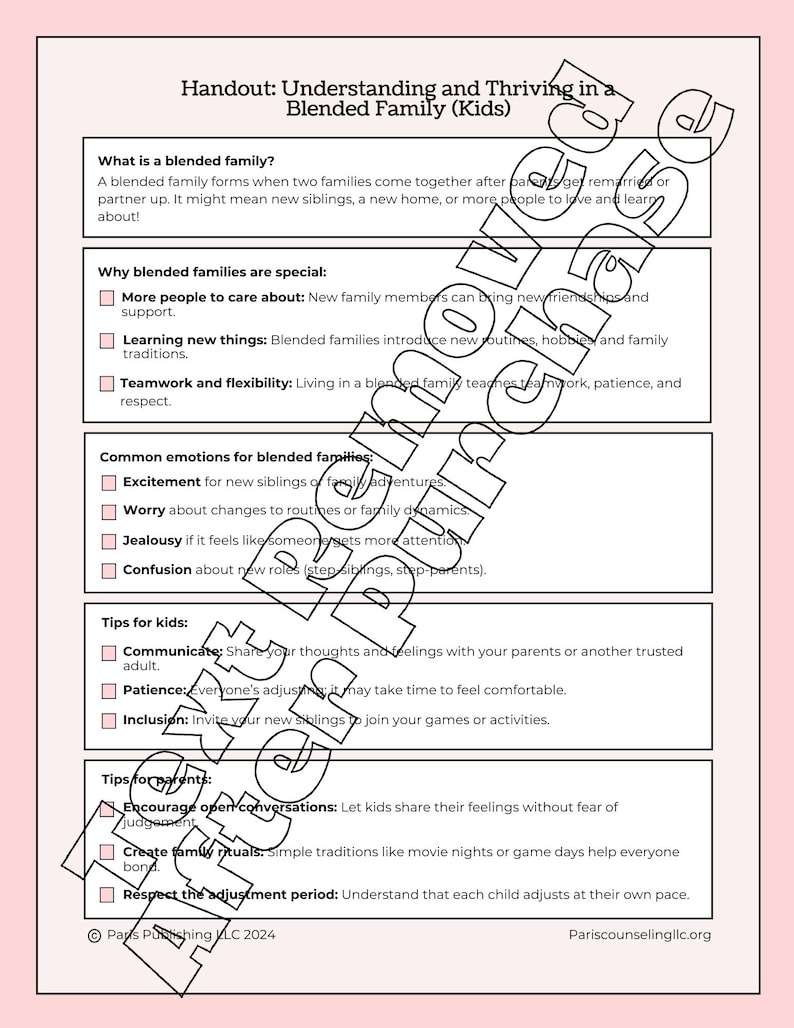 May include: A white informational handout titled Understanding and Thriving in a Blended Family (Kids) with black text organized into sections including definitions, common emotions, and tips for children and parents, dated 2024.