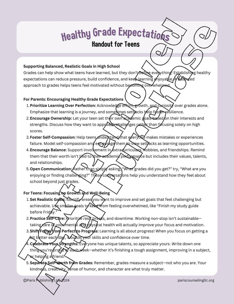 Puede incluir: Un folleto para adolescentes sobre expectativas saludables de calificaciones. El folleto ofrece consejos para padres y adolescentes sobre c&oacute;mo establecer metas realistas, priorizar el aprendizaje sobre la perfecci&oacute;n y fomentar la compasi&oacute;n por uno mismo. Tambi&eacute;n alienta a los adolescentes a concentrarse en el crecimiento y el bienestar.