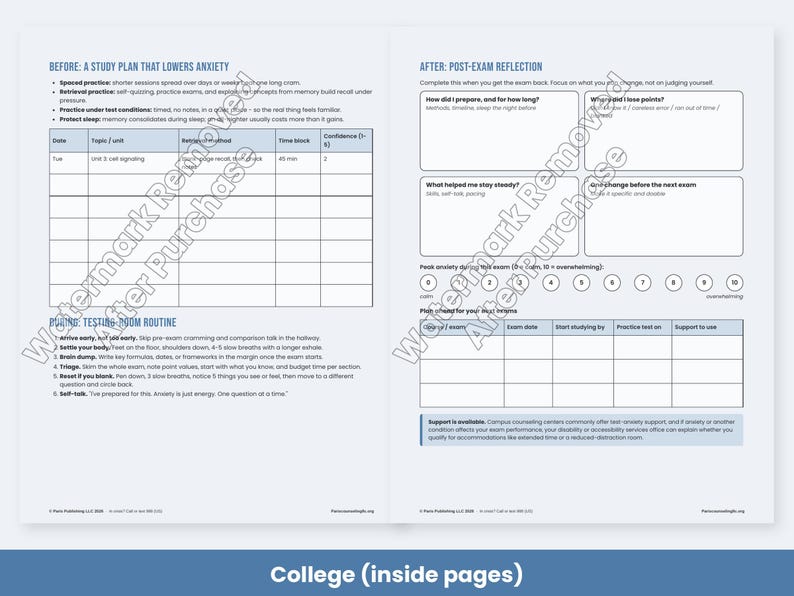 Test Anxiety Worksheets for Kids, Teens, College - Exam Stress Coping Skills, Study Plan PDF image 6