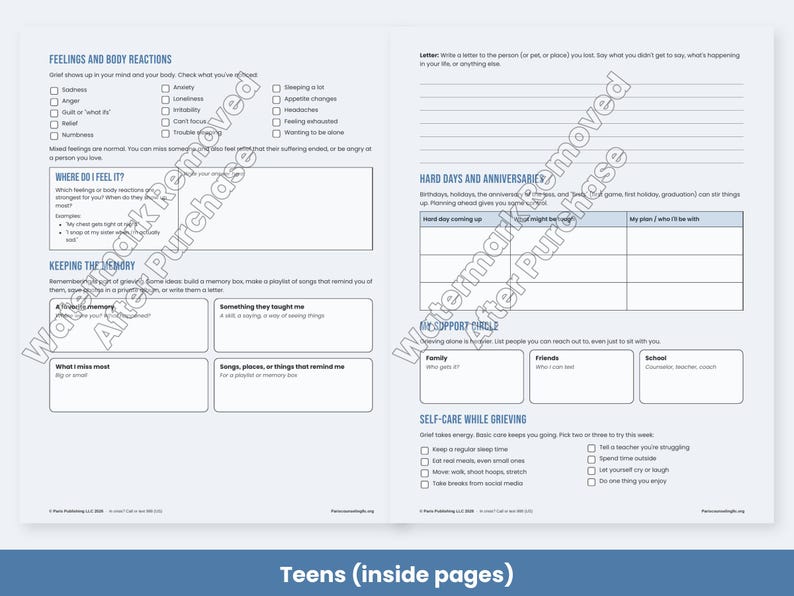 Grief and Loss Worksheets for Kids, Teens & Adults, Bereavement Therapy Printable, Coping Skills image 5