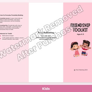 May include: A tri-fold brochure titled Friendship Toolkit for ages K-5, featuring a pink background, text about friendship building tools, contact information for Paris Publishing, and a cartoon illustration of two children jumping.