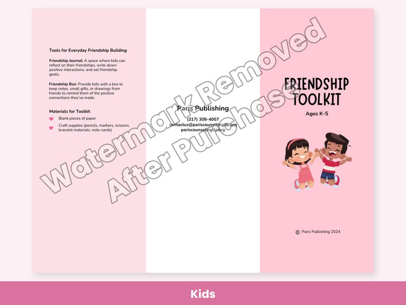 May include: A tri-fold brochure titled Friendship Toolkit for ages K-5, featuring a pink background, text about friendship building tools, contact information for Paris Publishing, and a cartoon illustration of two children jumping.