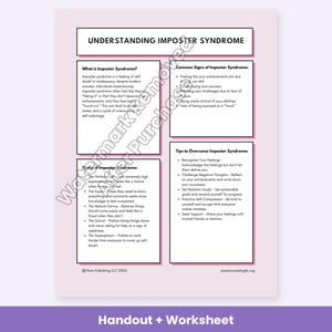 May include: A light pink educational handout titled Understanding Imposter Syndrome. It features black text boxes detailing definitions, common signs, types, and tips to overcome the syndrome, with copyright text at the bottom.