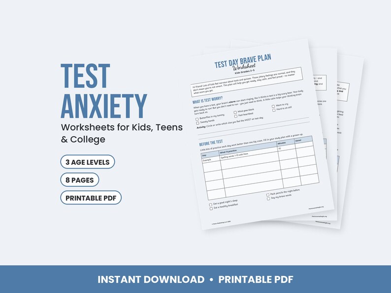 Test Anxiety Worksheets for Kids, Teens, College - Exam Stress Coping Skills, Study Plan PDF image 1