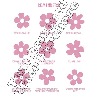 Pu&ograve; includere: Grafica floreale rosa e bianca con il testo "Promemoria" e affermazioni positive come "Sei degno", "Sei forte", "Sei abbastanza", "I tuoi sentimenti sono validi", "Chiedere aiuto &egrave; forza", "Sei amato", "Sei capace di crescere e cambiare", "Sei degno di opportunit&agrave; incredibili" e "Stai facendo del tuo meglio".