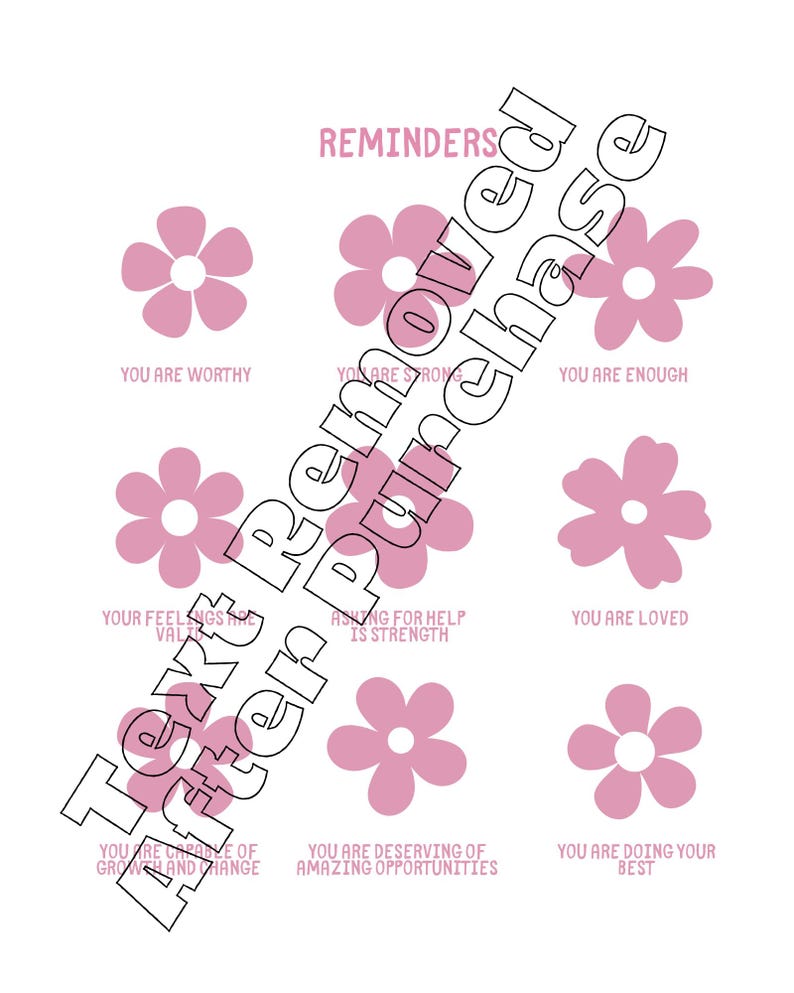 Pu&ograve; includere: Grafica floreale rosa e bianca con il testo "Promemoria" e affermazioni positive come "Sei degno", "Sei forte", "Sei abbastanza", "I tuoi sentimenti sono validi", "Chiedere aiuto &egrave; forza", "Sei amato", "Sei capace di crescere e cambiare", "Sei degno di opportunit&agrave; incredibili" e "Stai facendo del tuo meglio".