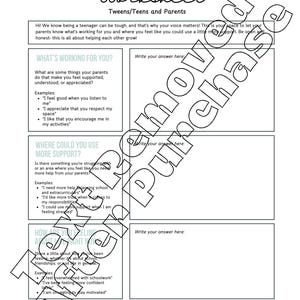 K&ouml;nnte beinhalten: Schwarzwei&szlig;es Arbeitsblatt mit dem Titel "Family Feedback Worksheet" f&uuml;r Tweens, Teens und Eltern. Das Arbeitsblatt enth&auml;lt Aufforderungen zur Kommunikation und Unterst&uuml;tzung zwischen Familienmitgliedern. Die Aufforderungen beinhalten "Was funktioniert f&uuml;r dich?" und "Wo k&ouml;nntest du mehr Unterst&uuml;tzung gebrauchen?"