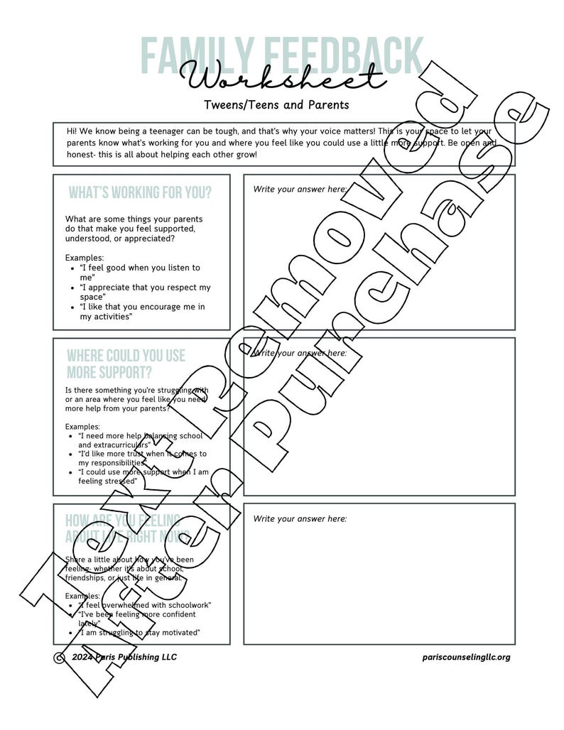 K&ouml;nnte beinhalten: Schwarzwei&szlig;es Arbeitsblatt mit dem Titel "Family Feedback Worksheet" f&uuml;r Tweens, Teens und Eltern. Das Arbeitsblatt enth&auml;lt Aufforderungen zur Kommunikation und Unterst&uuml;tzung zwischen Familienmitgliedern. Die Aufforderungen beinhalten "Was funktioniert f&uuml;r dich?" und "Wo k&ouml;nntest du mehr Unterst&uuml;tzung gebrauchen?"