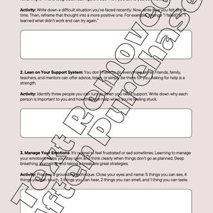 May include: A black and white printable worksheet with the title "How to Build Resiliency: Tweens and Teens". The worksheet has three sections: "Reframe Your Thinking", "Lean on Your Support System", and "Manage Your Emotions". Each section includes a description and an activity.
