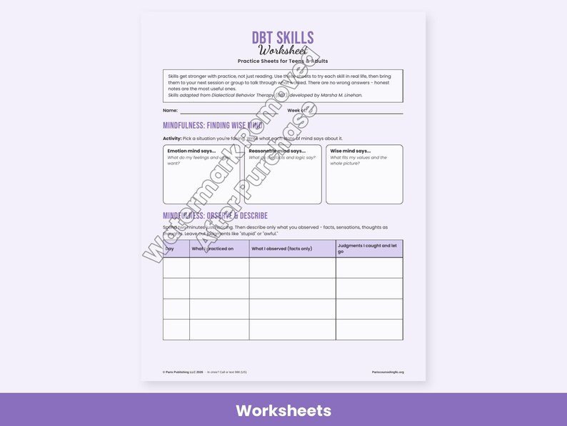 DBT Skills Worksheets, Distress Tolerance, Emotion Regulation, DEAR MAN, Diary Card, Therapy Handouts image 4