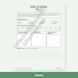 May include: A Back to School Planner for Teens printable page featuring a feelings check-in section, a stress level scale from 1 to 10, and three blank boxes for writing about goals, worries, and things to do differently this school year.
