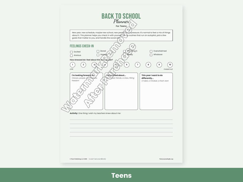 May include: A Back to School Planner for Teens printable page featuring a feelings check-in section, a stress level scale from 1 to 10, and three blank boxes for writing about goals, worries, and things to do differently this school year.