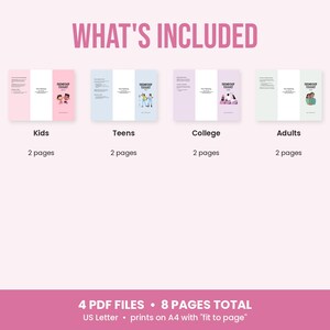 May include: A digital product display titled WHAT'S INCLUDED featuring four tri-fold brochures labeled Kids, Teens, College, and Adults. Each brochure has 2 pages. The bottom text states 4 PDF FILES, 8 PAGES TOTAL, US Letter, prints on A4 with fit to page.