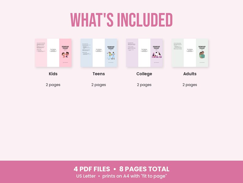 May include: A digital product display titled WHAT'S INCLUDED featuring four tri-fold brochures labeled Kids, Teens, College, and Adults. Each brochure has 2 pages. The bottom text states 4 PDF FILES, 8 PAGES TOTAL, US Letter, prints on A4 with fit to page.