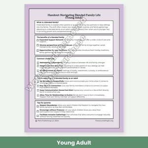 May include: A printed handout titled Navigating Blended Family Life (Young Adult) with sections on benefits, challenges, and tips for adjusting to blended family dynamics, featuring checkboxes and text on a light purple background.