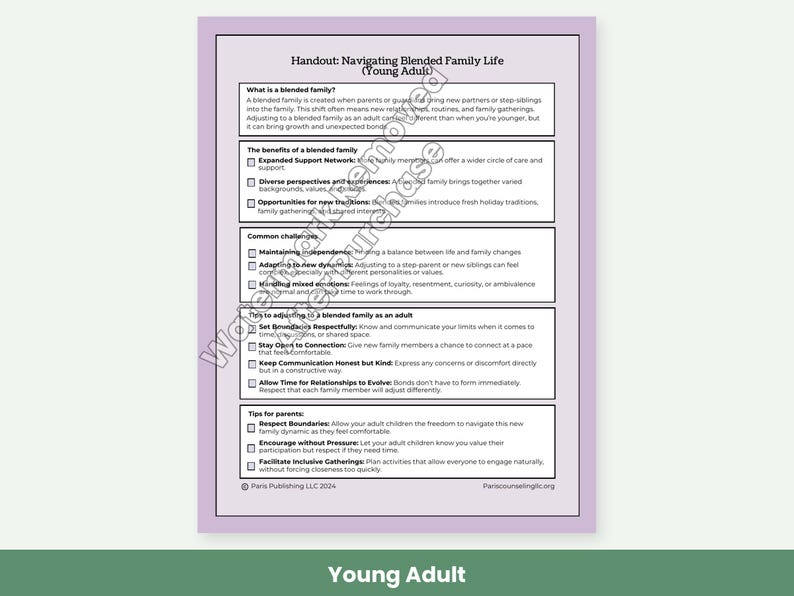 May include: A printed handout titled Navigating Blended Family Life (Young Adult) with sections on benefits, challenges, and tips for adjusting to blended family dynamics, featuring checkboxes and text on a light purple background.