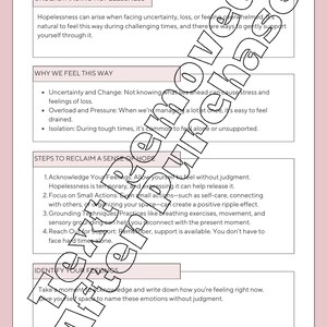 May include: A printable worksheet with the title "Finding Hope in Uncertain Times (Adults)". The worksheet provides tips for managing feelings of hopelessness, including acknowledging feelings, focusing on small actions, and practicing grounding techniques.