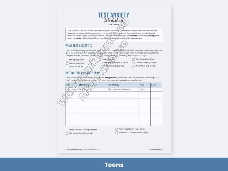 Test Anxiety Worksheets for Kids, Teens, College - Exam Stress Coping Skills, Study Plan PDF image 4