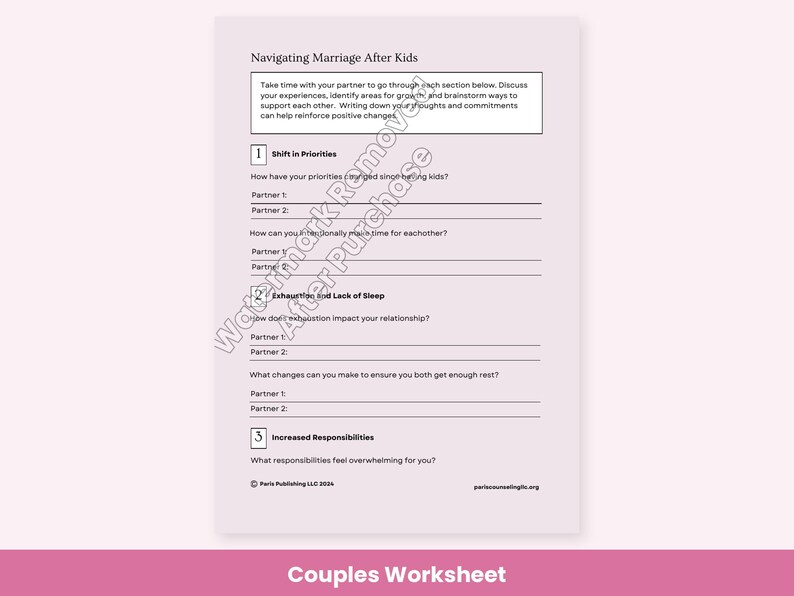 K&ouml;nnte beinhalten: Ein wei&szlig;es Arbeitsblatt mit dem Titel Navigating Marriage After Kids und drei nummerierten Abschnitten. Es enth&auml;lt Fragen f&uuml;r Partner zu Priorit&auml;ten, Ersch&ouml;pfung, Schlafmangel und Verantwortung, mit leeren Zeilen f&uuml;r schriftliche Antworten.