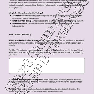 May include: A worksheet with the title "Building Resiliency in College: Thriving Through Challenges". The worksheet provides tips on how to build resiliency in college, including shifting from perfectionism to progress and developing problem-solving skills.
