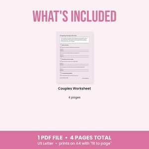 K&ouml;nnte beinhalten: Ein digitales Dokument mit dem Titel WHAT'S INCLUDED, das ein Arbeitsblatt f&uuml;r Paare zeigt. Das Arbeitsblatt umfasst vier Seiten und enth&auml;lt Abschnitte zu Navigating Marriage After Kids. Der Text gibt 1 PDF FILE, 4 PAGES TOTAL, US Letter und Druck auf A4 an.