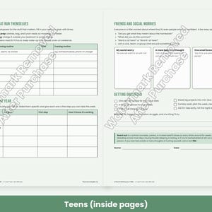 May include: A two-page planner spread for teens featuring sections titled Routines That Run Themselves, Goals For The Year, Friends And Social Worries, and Getting Organized, with various tables, checklists, and prompts for daily planning.