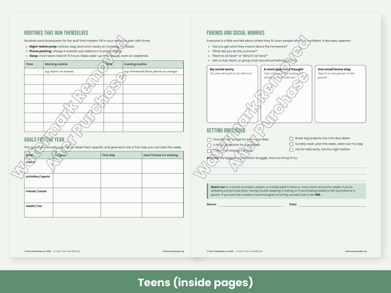 May include: A two-page planner spread for teens featuring sections titled Routines That Run Themselves, Goals For The Year, Friends And Social Worries, and Getting Organized, with various tables, checklists, and prompts for daily planning.