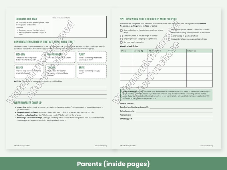 May include: A two-page printable planner for parents featuring sections titled Our Goals This Year, Conversation Starters That Get More Than Fine, Spotting When Your Child Needs More Support, and When Worries Come Up, with a weekly check-in log.