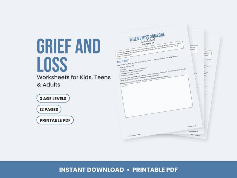 Grief and Loss Worksheets for Kids, Teens & Adults, Bereavement Therapy Printable, Coping Skills image 1