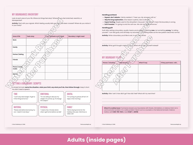 Healthy Boundaries Worksheets for Adults, Couples & Teens, Setting Limits Scripts, Therapy Printable PDF image 3