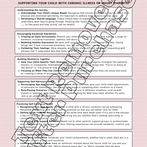 以下が含まれることがあります： 「Supporting Your Child With Chronic Illness Or Injury For Parents」と題された薄いピンク色のハンドアウト。旅路の理解、感情表現の促進、回復力の構築、親としてのセルフケアに関するセクションが記載されています。