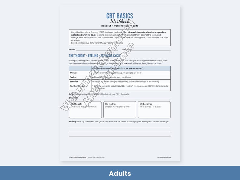 CBT Worksheets for Adults and Teens, Thought Record, Thinking Traps, Cognitive Distortions, Therapy Handouts image 2