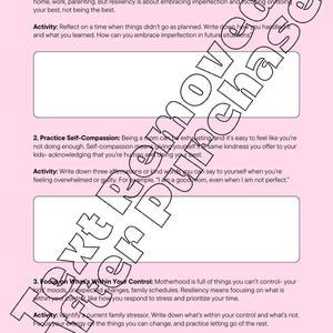 May include: Pink printable worksheet with the title "How to Build Resiliency as a Mom". The worksheet includes three sections with tips and activities for moms to practice self-care and build resilience.