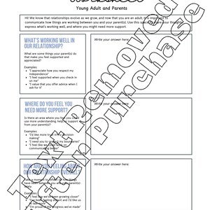 K&ouml;nnte beinhalten: Ein schwarz-wei&szlig;es Arbeitsblatt mit dem Titel "Family Feedback" und dem Untertitel "Young Adult and Parents". Das Arbeitsblatt ist in drei Abschnitte unterteilt: "What's working well in our relationship?", "Where do you feel you need more support?" und "How are you feeling about our relationship overall?" Jeder Abschnitt hat einen Platz zum Schreiben einer Antwort und Beispiele daf&uuml;r, was man schreiben kann.