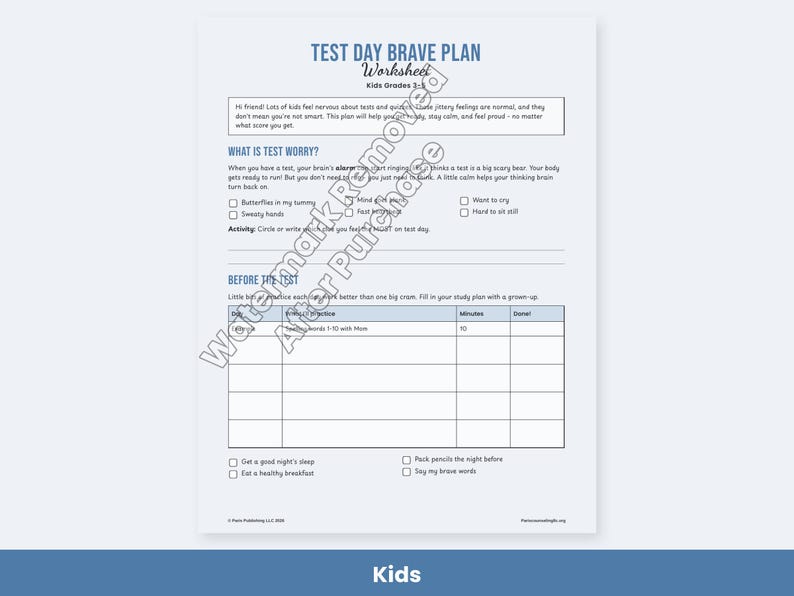 Test Anxiety Worksheets for Kids, Teens, College - Exam Stress Coping Skills, Study Plan PDF image 2