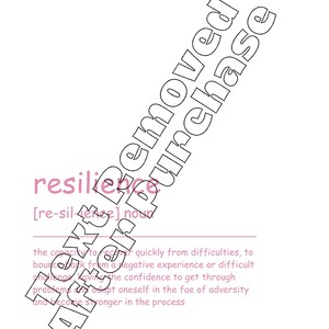 Pu&ograve; includere: Un'illustrazione in bianco e nero della parola "resilienza" con la definizione: "la capacit&agrave; di riprendersi rapidamente dalle difficolt&agrave;, di rimbalzare dopo un'esperienza negativa o una sfida difficile, di avere la fiducia per superare i problemi, di adattarsi all'avversit&agrave; e di diventare pi&ugrave; forti nel processo."