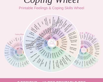 Coping Wheel Printable, Feelings and Coping Skills Chart for Kids Teens Adults, Therapy Resource
