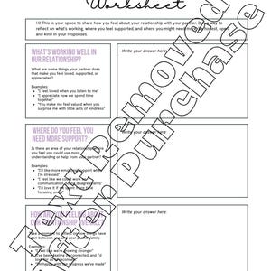 K&ouml;nnte beinhalten: Ein schwarz-wei&szlig;es druckbares Arbeitsblatt mit dem Titel "Couples Feedback Worksheet" mit drei Abschnitten: "What's Working Well in Our Relationship?", "Where Do You Feel You Need More Support?" und "How Are You Feeling About Our Relationship Overall?" Jeder Abschnitt hat einen Platz zum Schreiben einer Antwort und Beispiele, was man schreiben kann.