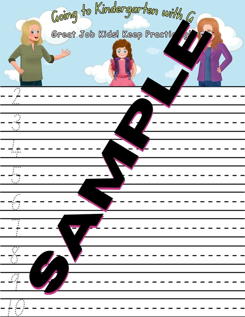 K&ouml;nnte beinhalten: Ein druckbares Arbeitsblatt mit blauem Himmelhintergrund und zwei Comic-Frauen. Das Arbeitsblatt hat einen Titel, der "Going to Kindergarten with G" und "Great Job Kids! Keep Practicing" lautet. Das Arbeitsblatt hat 10 Zeilen f&uuml;r Schreib&uuml;bungen.