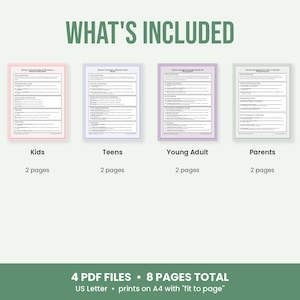 May include: A digital document set titled WHAT'S INCLUDED featuring four printable sheets labeled Kids, Teens, Young Adult, and Parents. Each sheet is 2 pages long, totaling 8 pages in 4 PDF files, with US Letter and A4 printing instructions.
